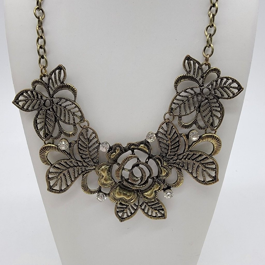 Bib Style Goldtone Statement Necklace Costume Fashion Jewelry Roses Rhinestones